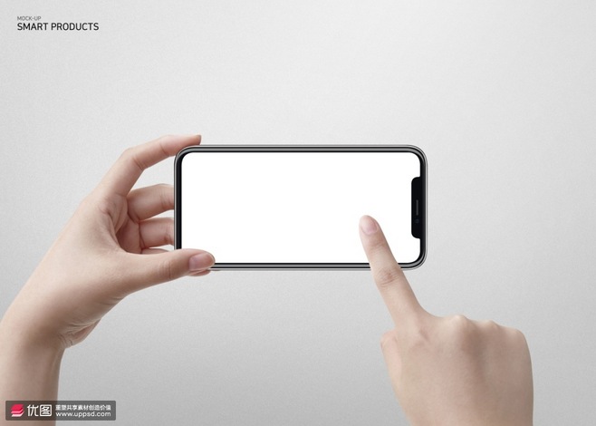 橫版手持蘋果智能手機樣機海報 智能科技，觸手可及